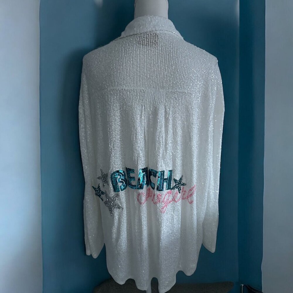 Judith March White Sequin Beach Graphic Cardigan